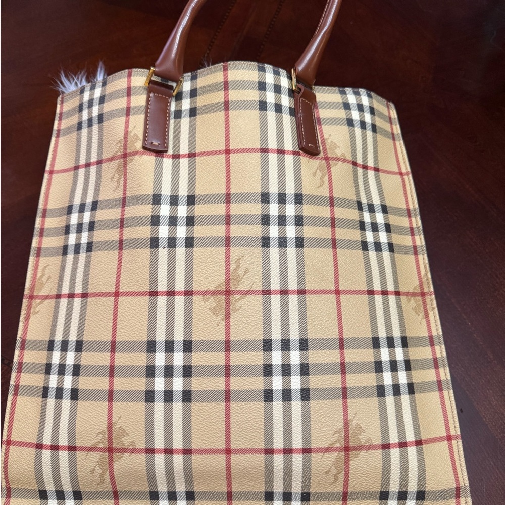 Burberry Checkered Tote Bag with Brown Handles